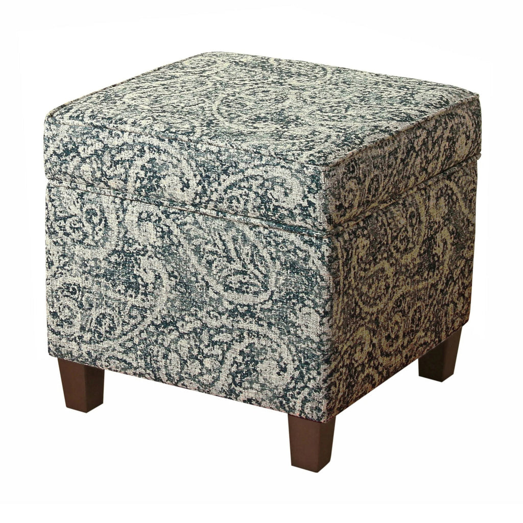 Paisley Pattern Fabric Upholstered Wooden Ottoman with Lift Off Top, Blue and Gray - K7342-F2214 By Casagear Home