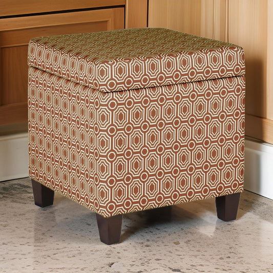 Geometric Patterned Square Wooden Ottoman with Lift Off Lid Storage, Orange and Cream - K7380-F1447 By Casagear Home