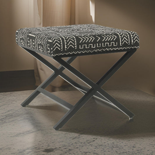 Tribal Pattern Fabric Upholstered Ottoman with X Shape Metal Legs, Black and Cream - K7401-F2267 By Casagear Home