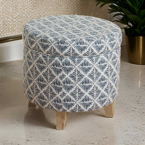 Ottoman | 20 x 20 | Round Shape | Lift Off Lid | Blue & White
