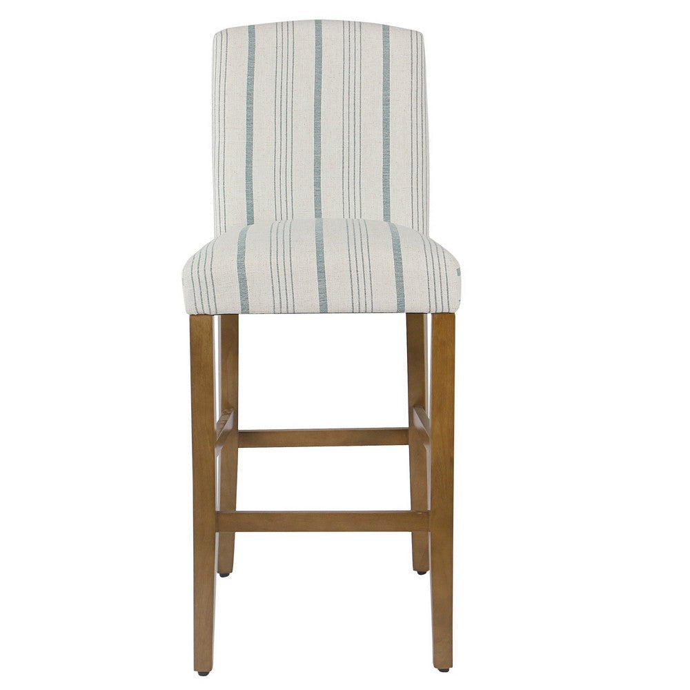 Fabric Upholstered Wooden Barstool with Striped Cushioned Seat White and Blue - K7576-29-F2230 By Casagear Home KFN-K7576-29-F2230