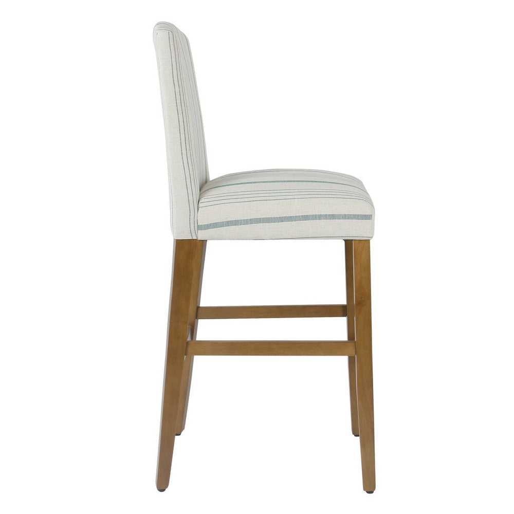 Fabric Upholstered Wooden Barstool with Striped Cushioned Seat White and Blue - K7576-29-F2230 By Casagear Home KFN-K7576-29-F2230