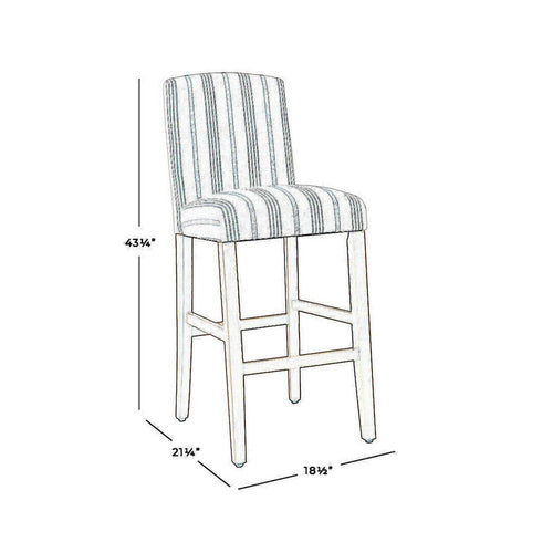 Barstool | Striped Upholstered Seat | Wood Frame | White & Blue