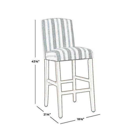 Barstool | Striped Upholstered Seat | Wood Frame | White & Blue