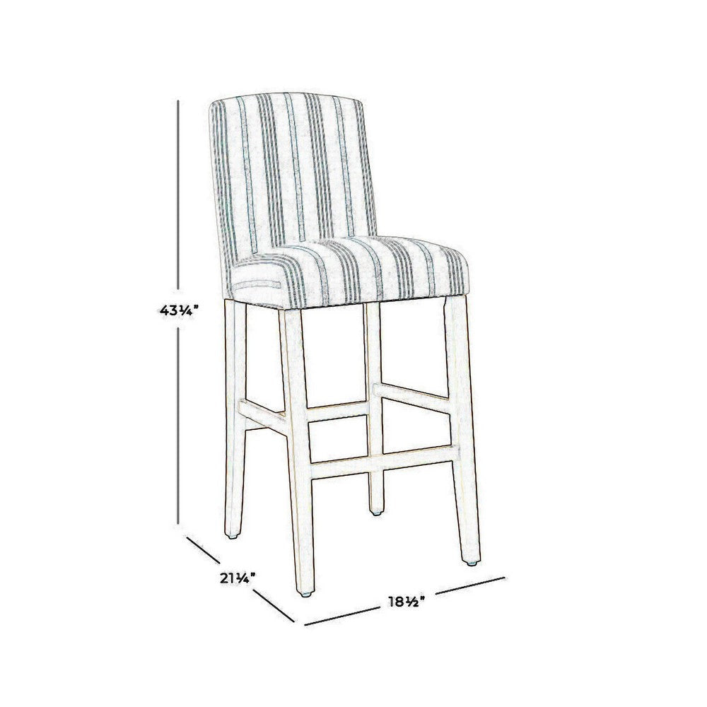 Barstool | Striped Upholstered Seat | Wood Frame | White & Blue
