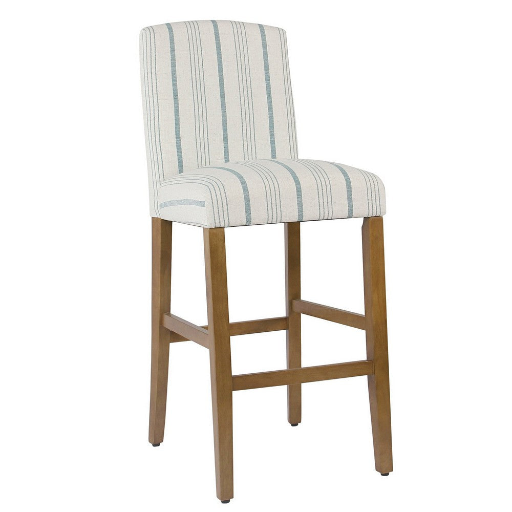 Fabric Upholstered Wooden Barstool with Striped Cushioned Seat White and Blue - K7576-29-F2230 By Casagear Home KFN-K7576-29-F2230