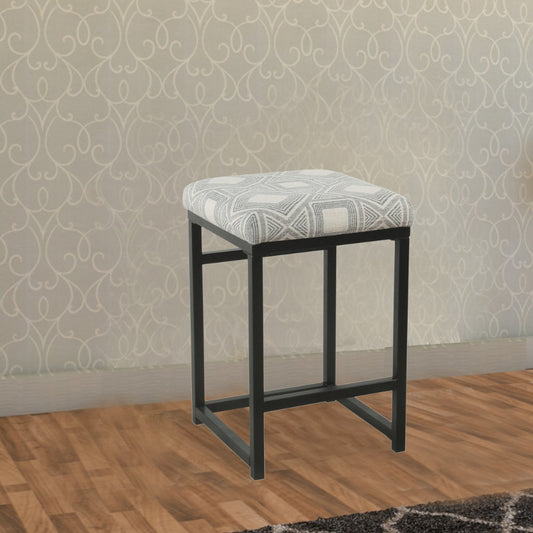 Metal Counter Stool with Geometric Pattern Fabric Upholstered Seat, Gray and Black - K7651-24-F2348 By Casagear Home