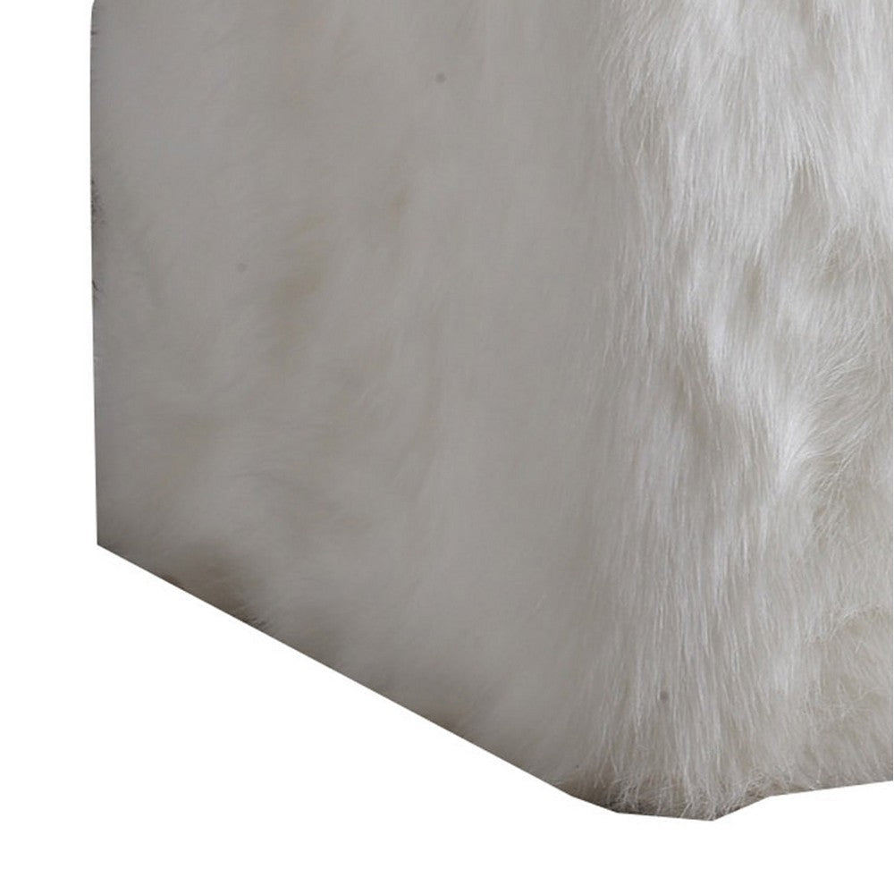 Faux Fur Upholstered Wooden Ottoman in Cube Shape White By Casagear Home KFN-K7658-B227