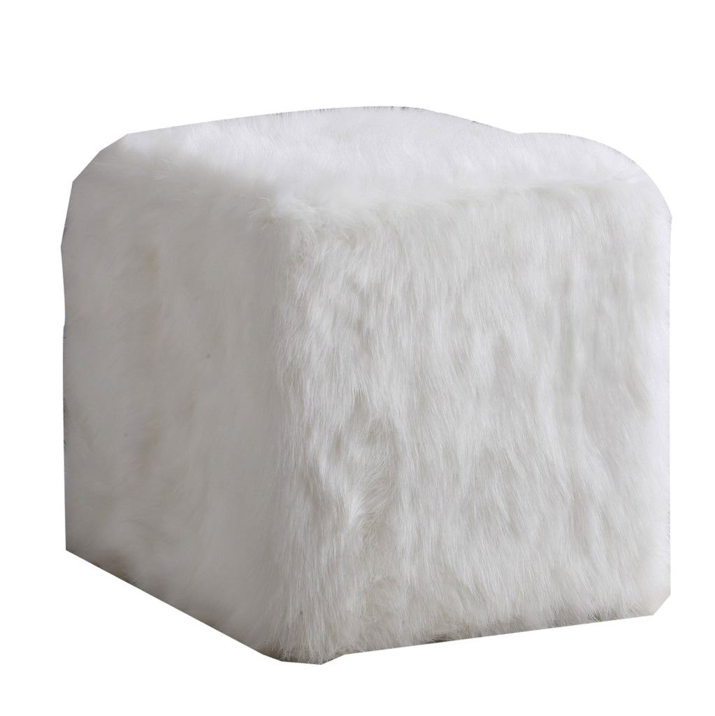 Faux Fur Upholstered Wooden Ottoman in Cube Shape, White By Casagear Home