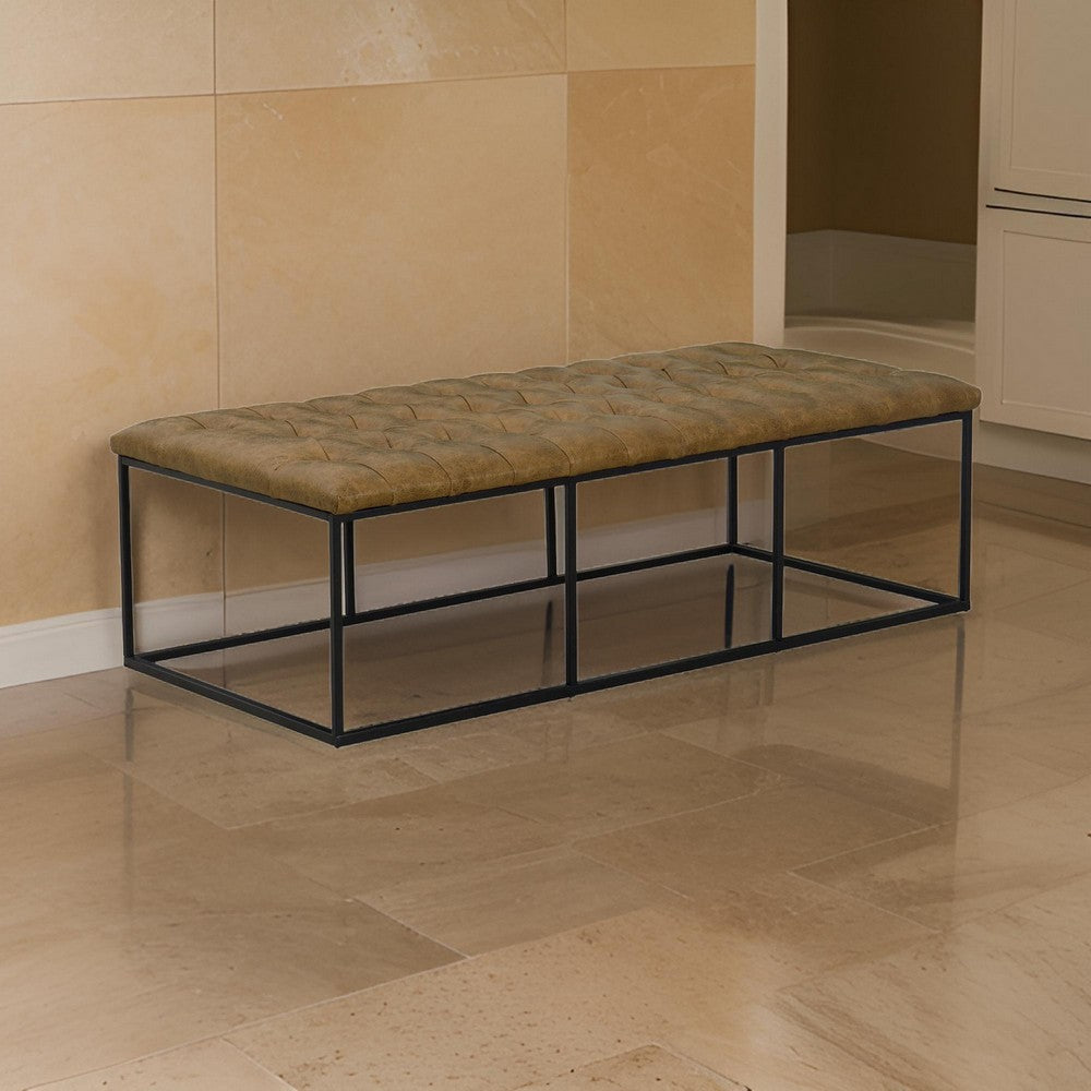 Ottoman | Tufted Top | Faux Leather | Metal Base | Brown