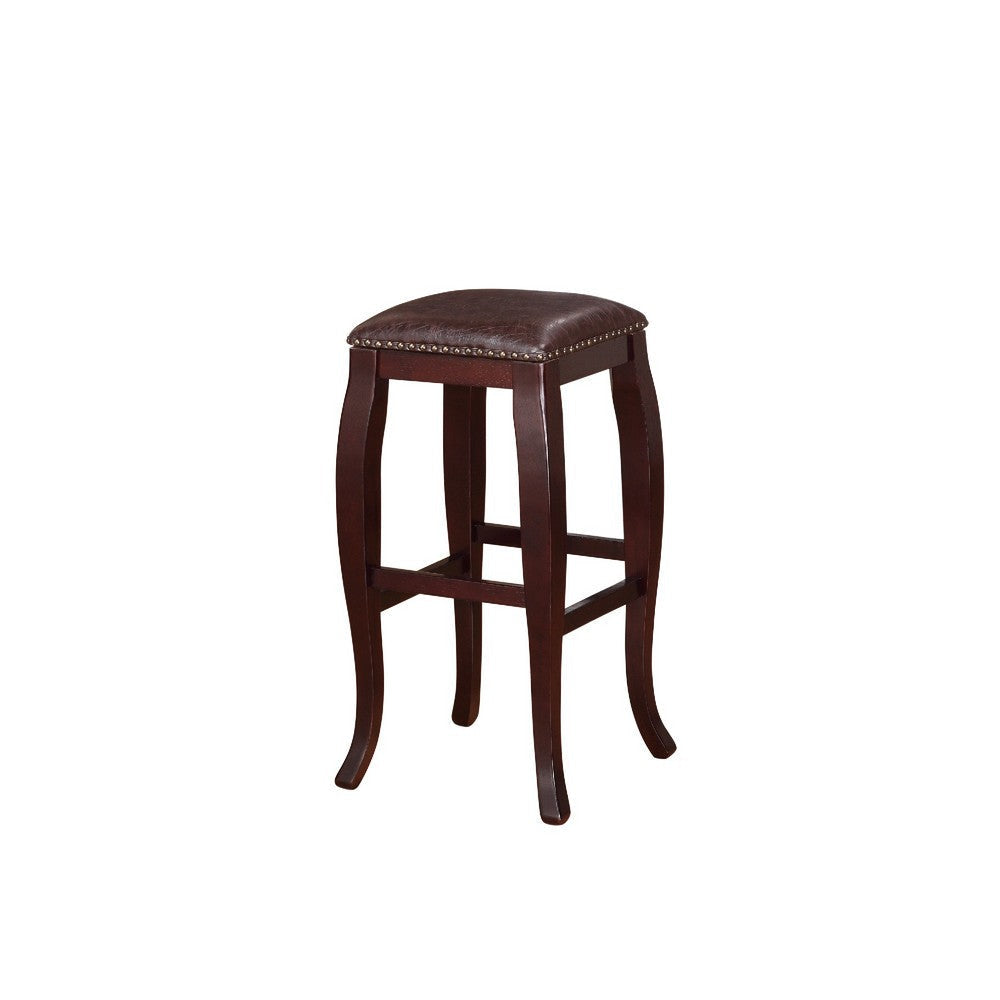 Wooden Bar Stool with Cushioned Seat and Nailhead Trim Edge Brown LHD-178205BRN01