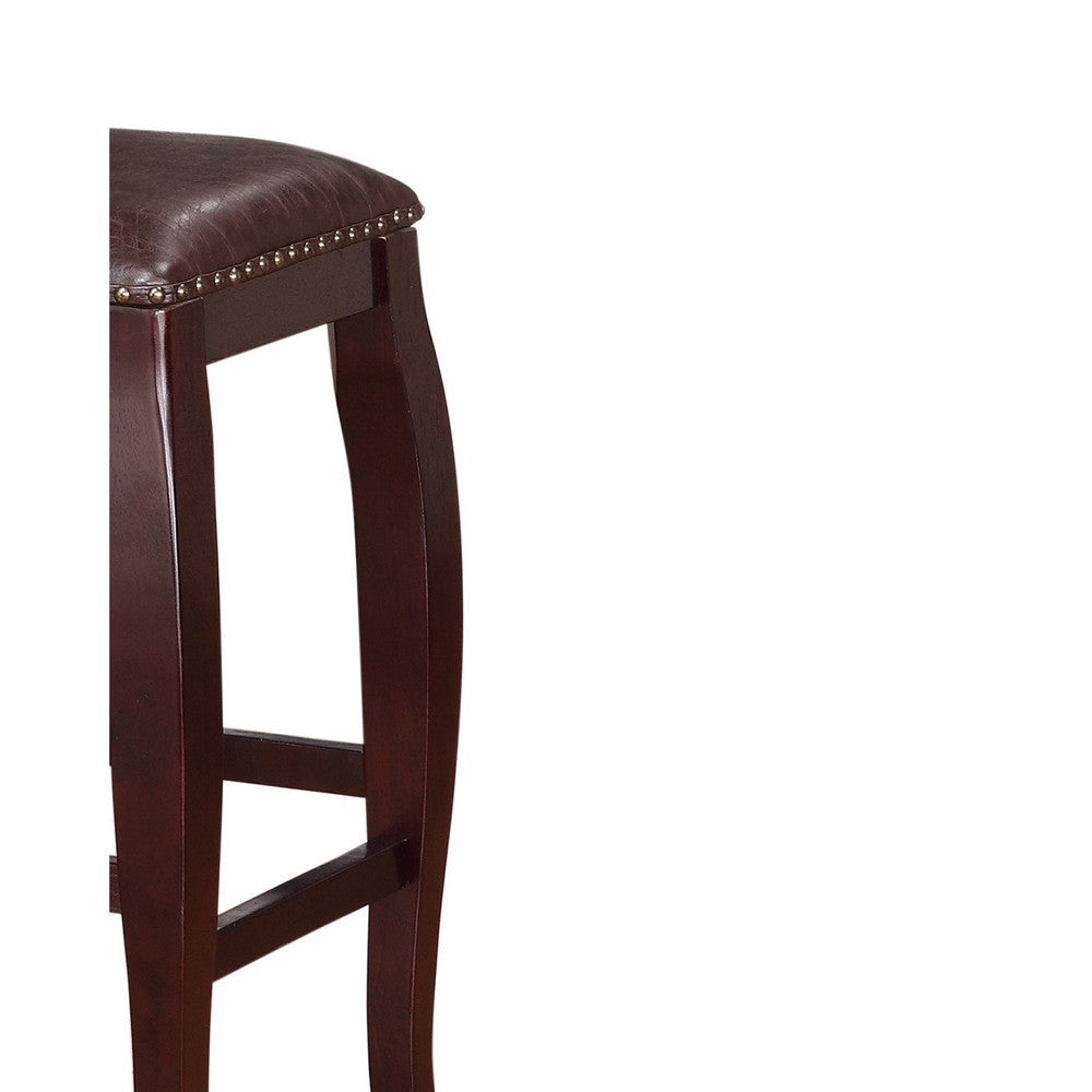 Wooden Bar Stool with Cushioned Seat and Nailhead Trim Edge Brown LHD-178205BRN01