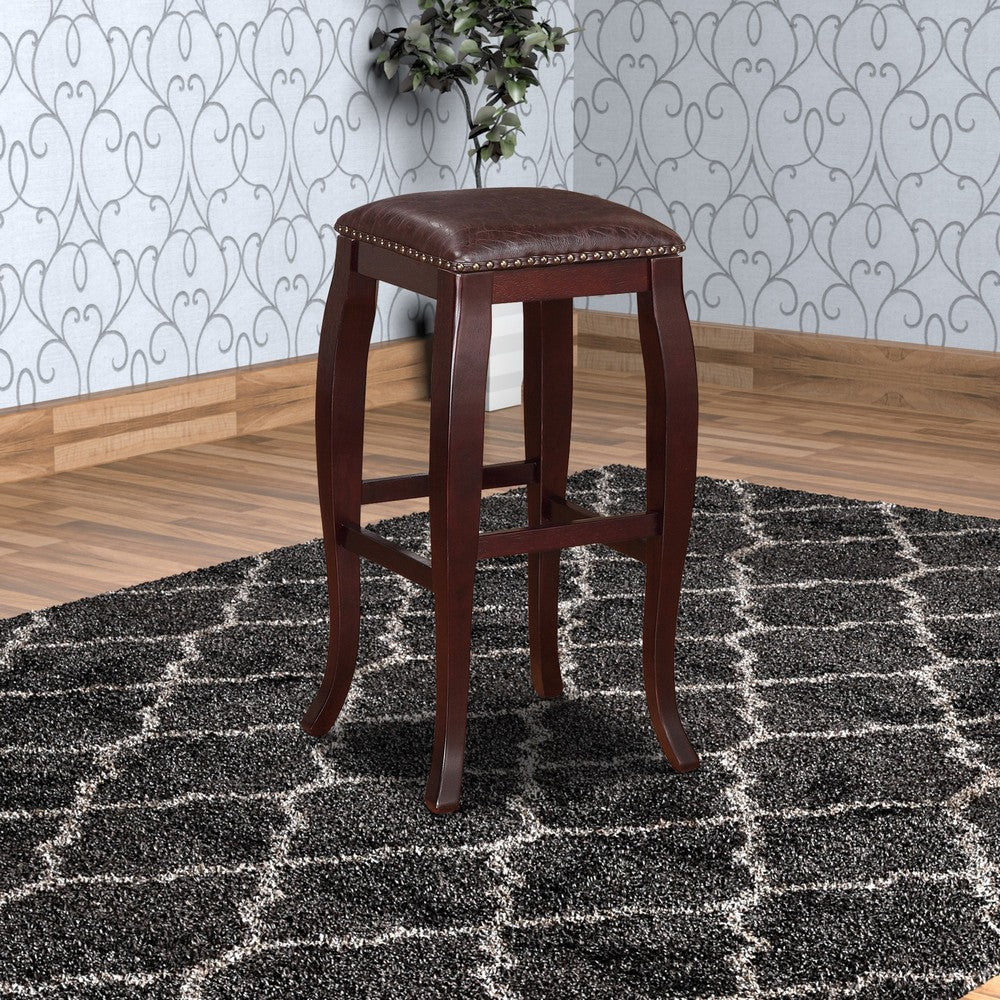 Wooden Bar Stool with Cushioned Seat and Nailhead Trim Edge, Brown