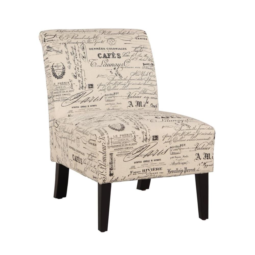 Wooden Slipper Chair with Script Pattern Upholstery, Brown and Cream