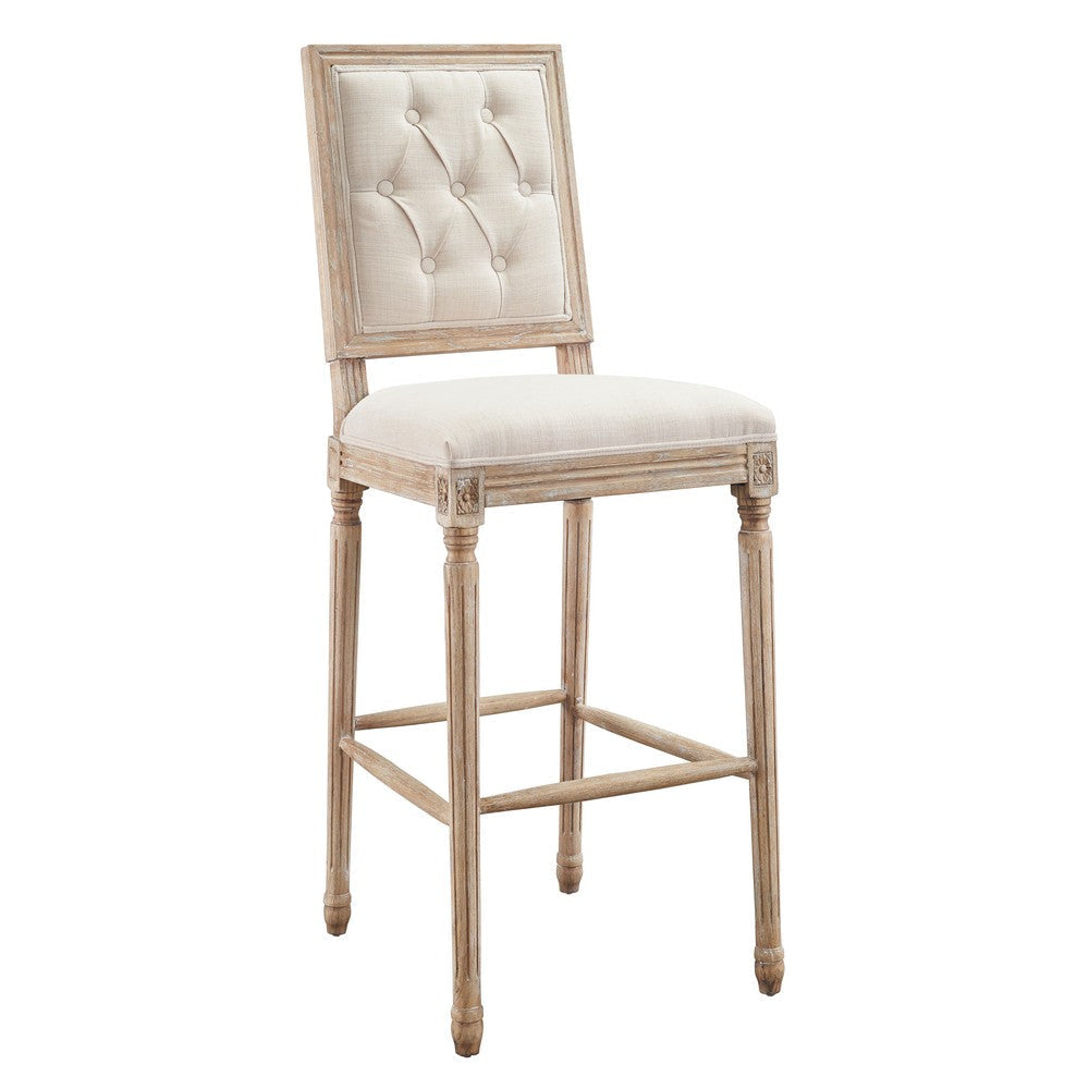 Transitional Wooden Bar Stool with Tufted Square Back, Beige and Brown