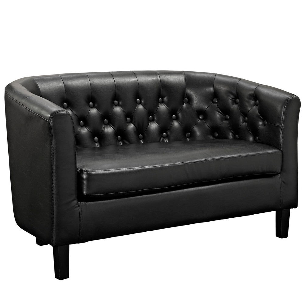 49 Inch Curved Loveseat, Deep Button Tufting, Black Faux Leather - No Shipping Charges