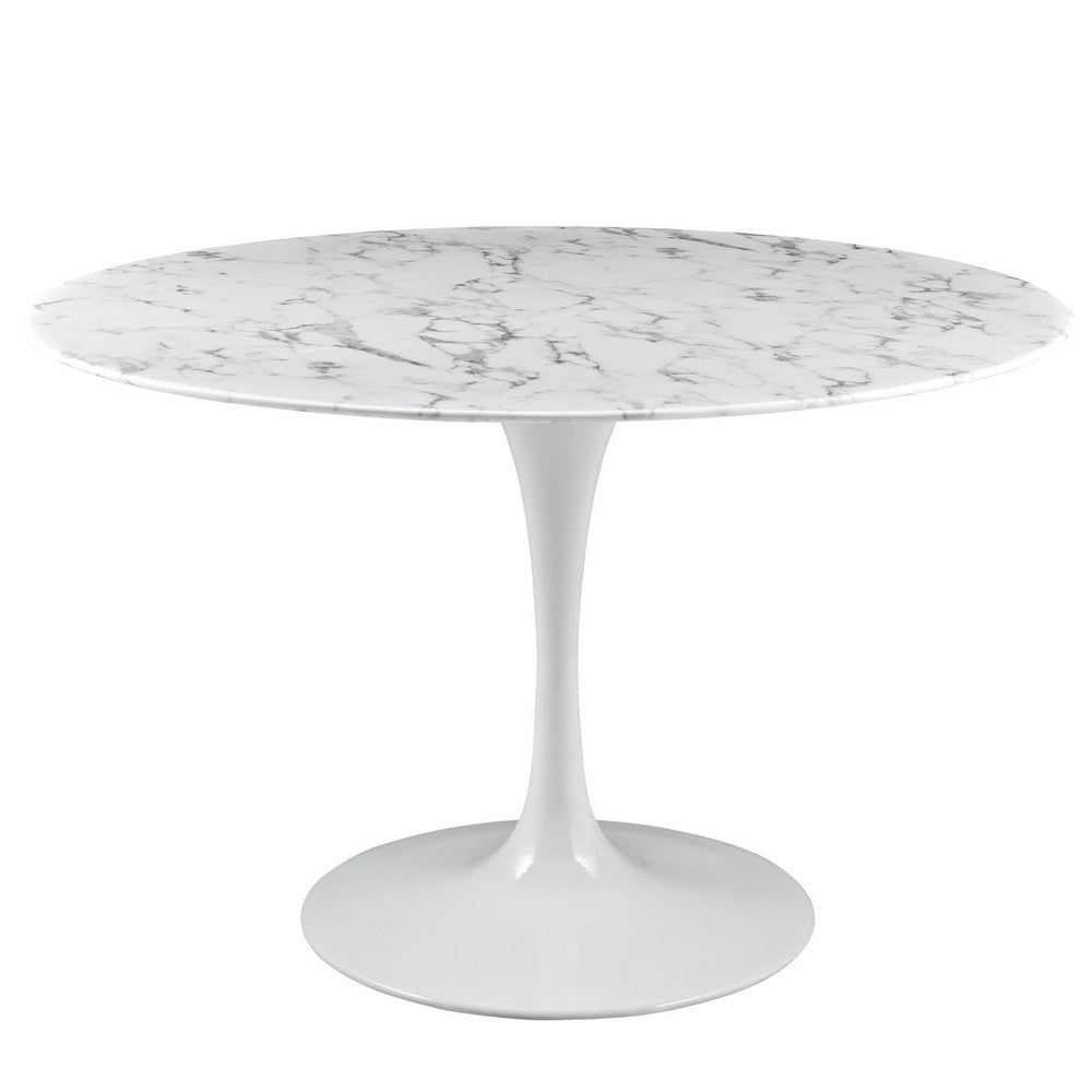 Modway Lippa 47" Mid-Century Dining Table with Round Artificial Marble Top in White