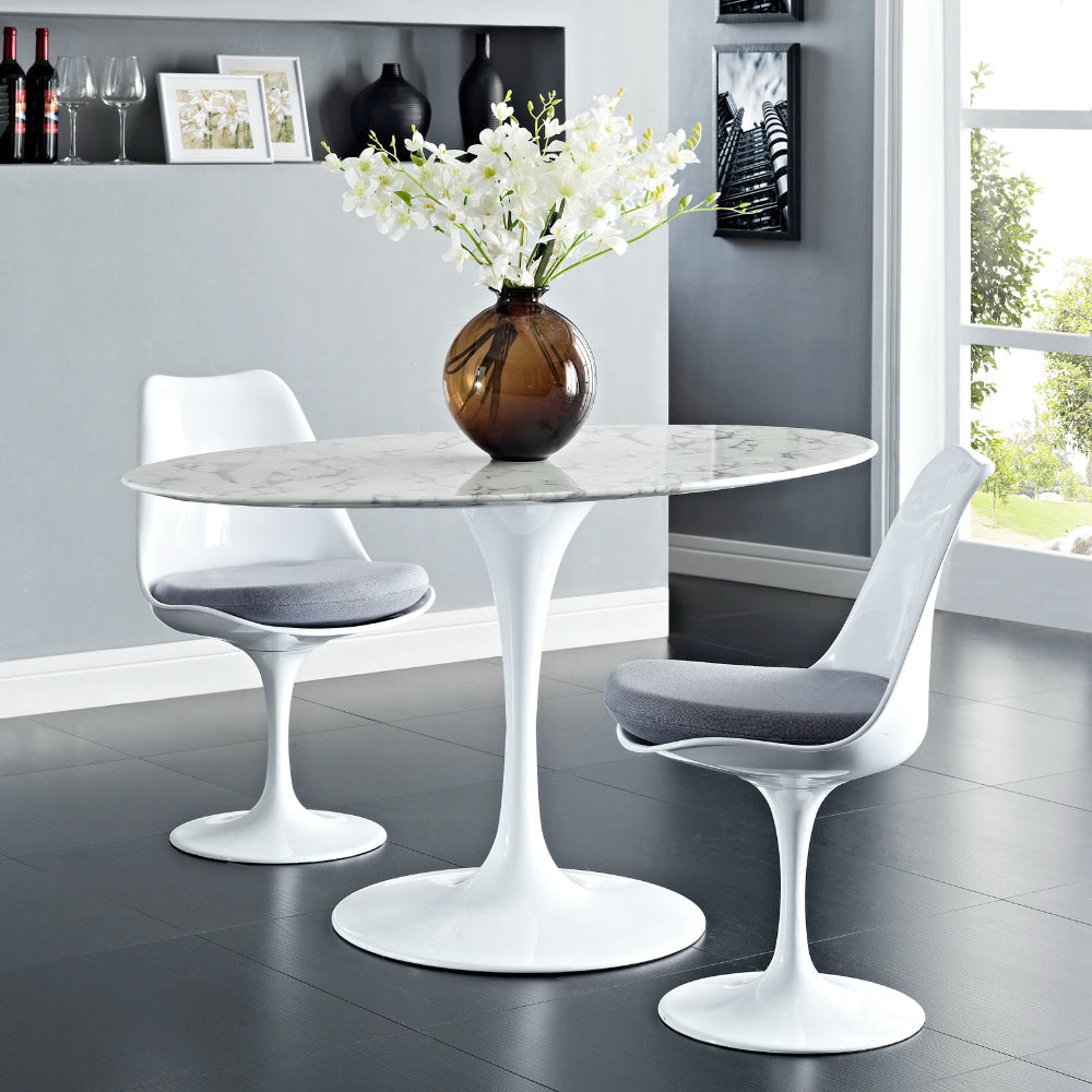 Modway Lippa 54’’ Oval-Shaped Mid-Century Modern Dining Table with Artificial Marble Top and White Base MDY-EEI-1134-WHI