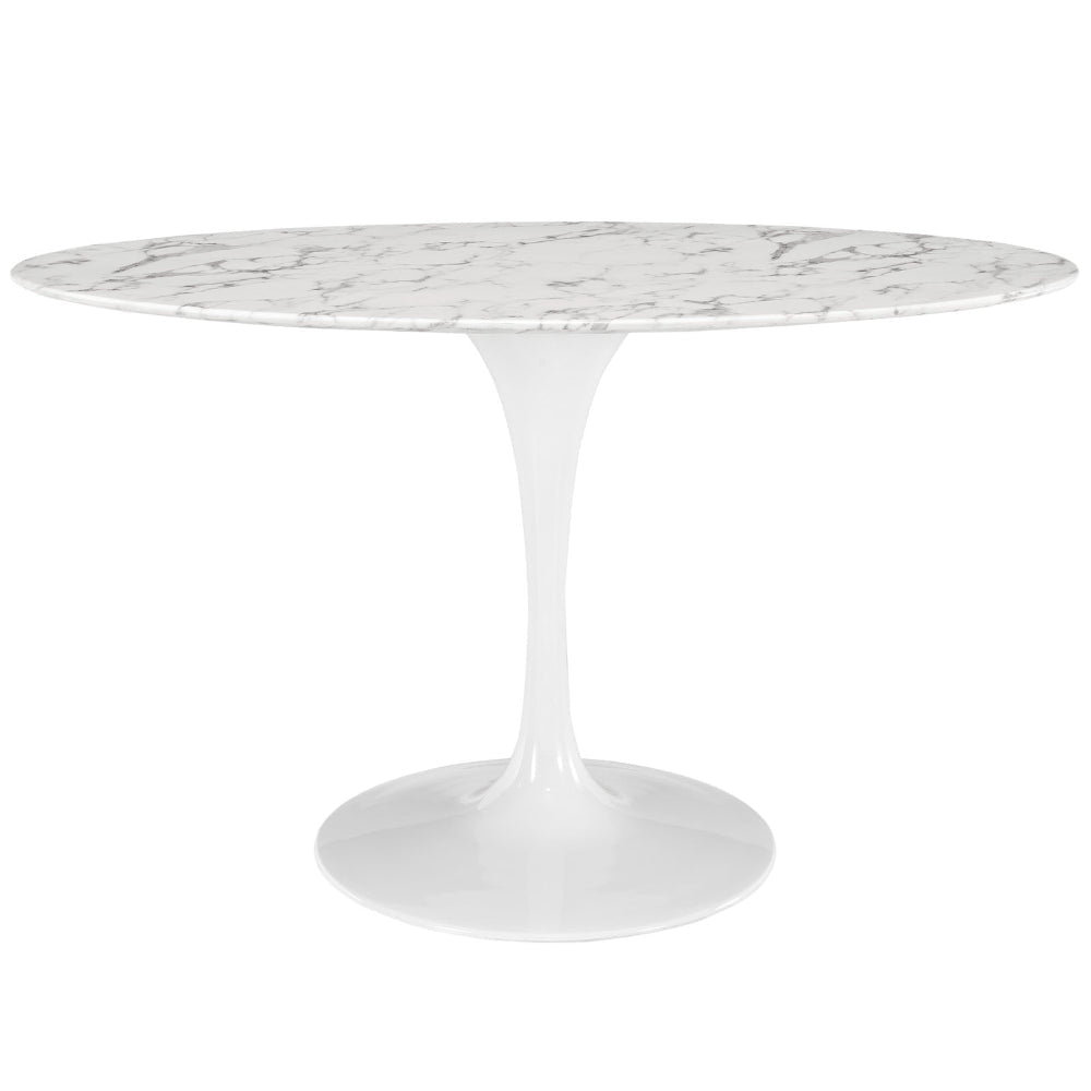 Modway Lippa 54" Oval-Shaped Mid-Century Modern Dining Table with Artificial Marble Top and White Base
