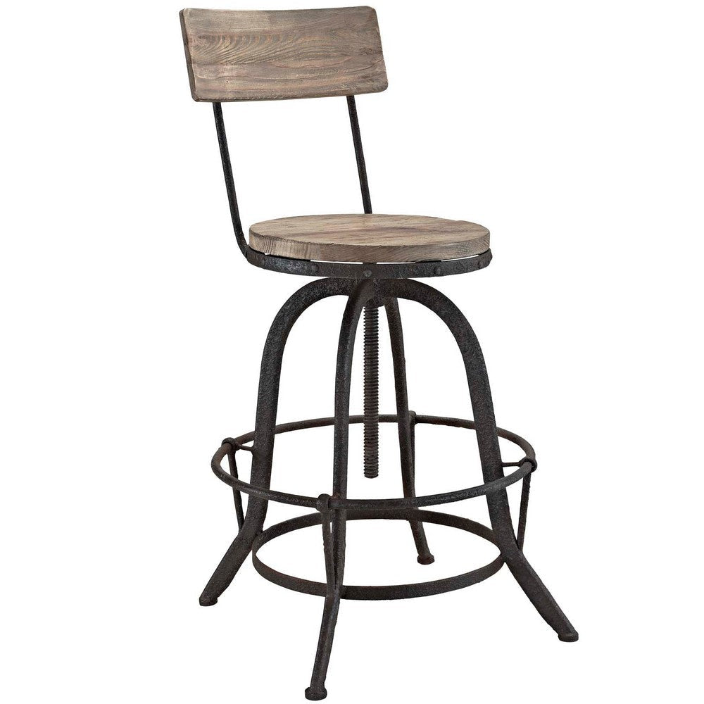 Modway Procure Industrial Modern Wood and Iron Adjustable Height Swivel Bar Stool in Brown MDY-EEI-1212-BRN