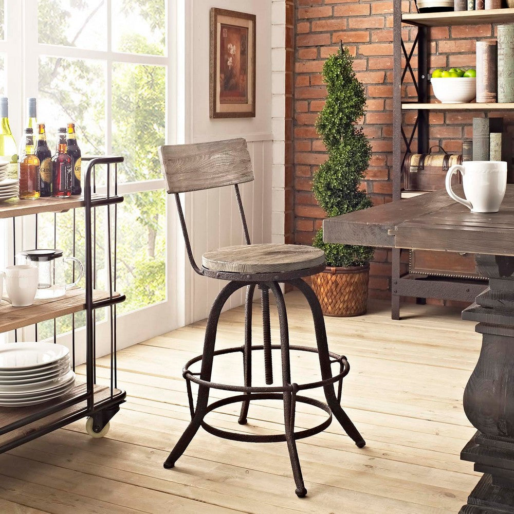 Modway Procure Industrial Modern Wood and Iron Adjustable Height Swivel Bar Stool in Brown