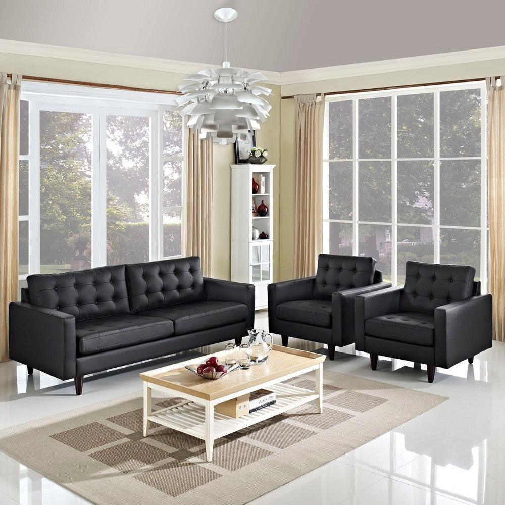 Modway Empress Mid-Century Modern Upholstered Leather Sofa and Two Armchair Set Black MDY-EEI-1312-BLK