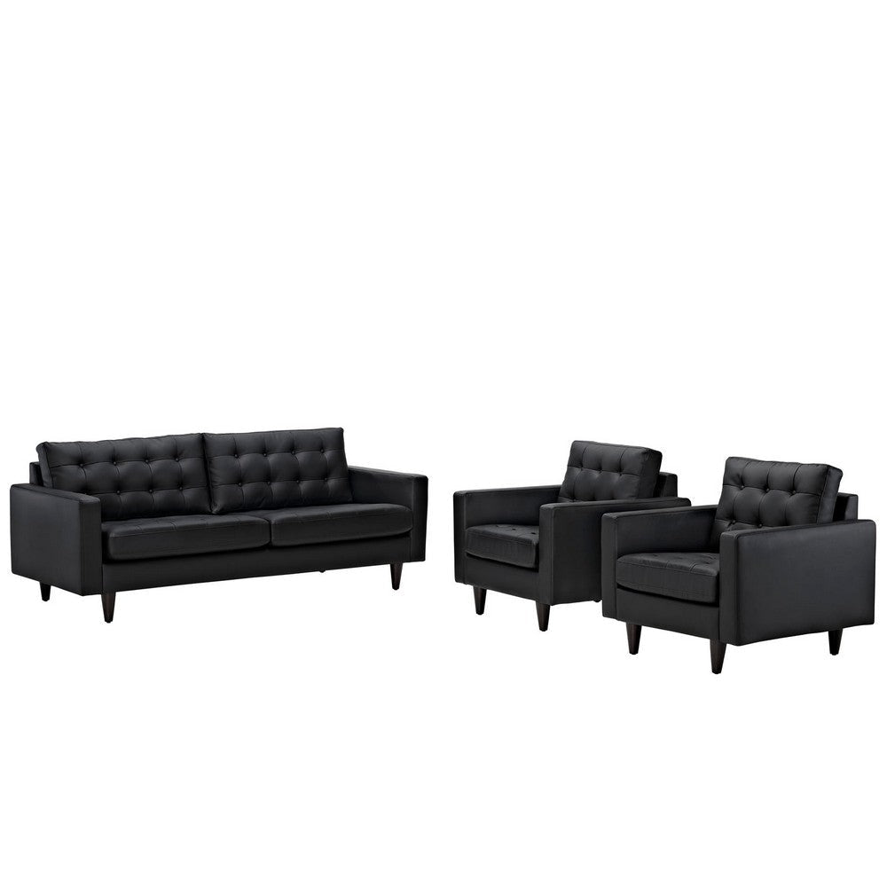 Modway Empress Mid-Century Modern Upholstered Leather Sofa and Two Armchair Set Black