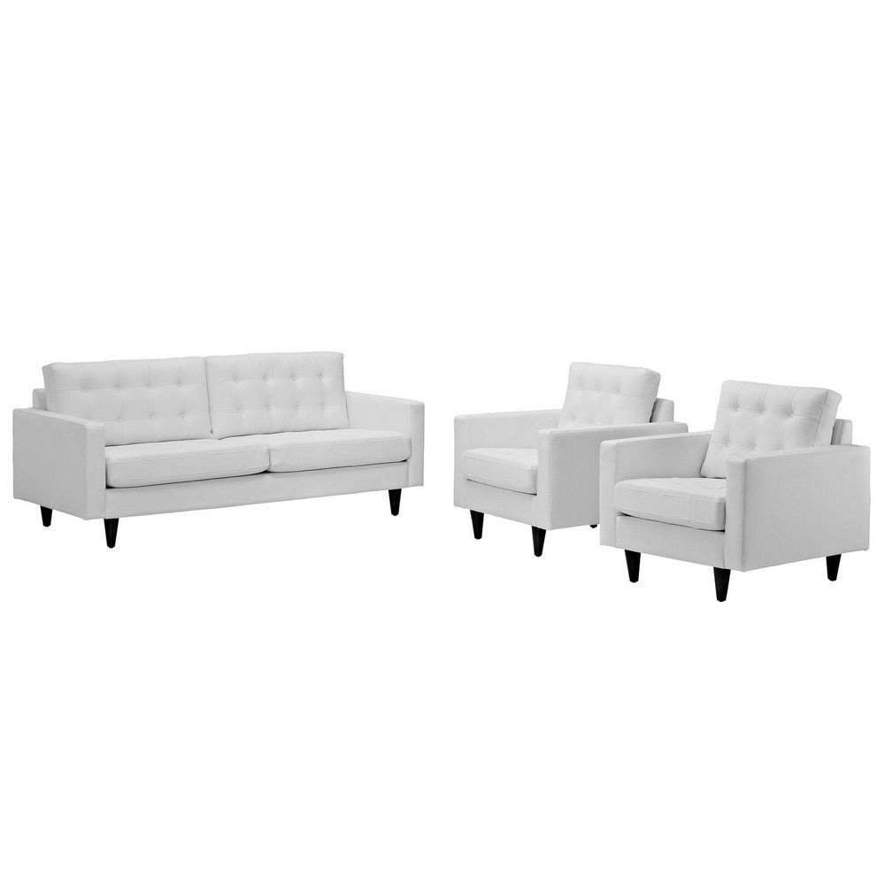 Modway Empress Mid-Century Modern Upholstered Leather Sofa and Two Armchair Set White