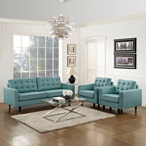 Modway Empress Mid-Century Modern Upholstered Fabric Sofa and Two Armchair Set in Laguna