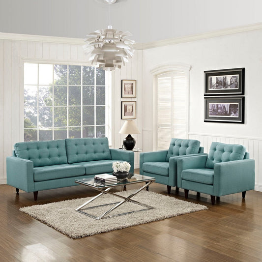Modway Empress Mid-Century Modern Upholstered Fabric Sofa and Two Armchair Set in Laguna