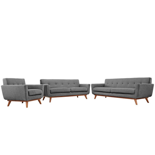 Modway Engage Mid-Century Modern Upholstered Fabric Sofa, Loveseat and Armchair in Expectation Gray