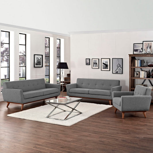 Modway Engage Mid-Century Modern Upholstered Fabric Sofa, Loveseat and Armchair in Expectation Gray