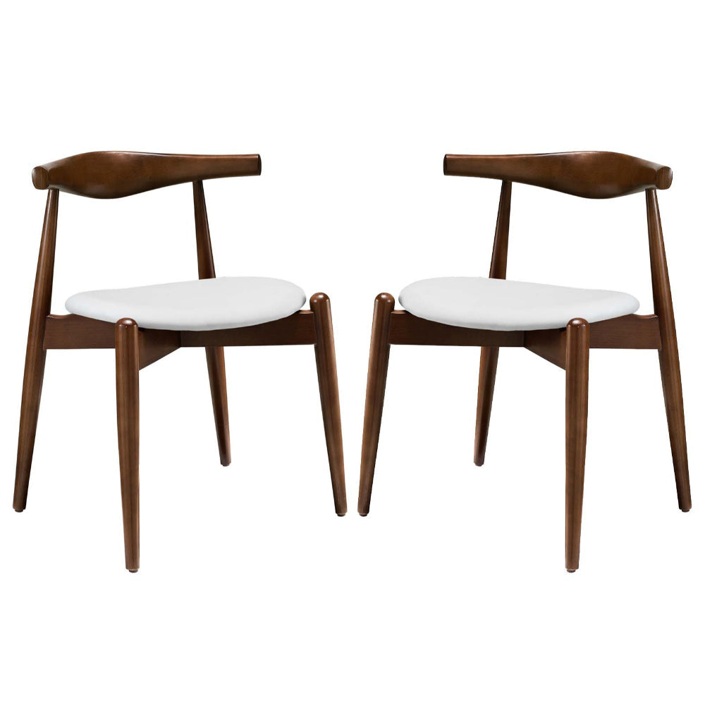 Modway Stalwart Mid-Century Modern Faux Leather Upholstered Two Dining Chairs in Dark Walnut White