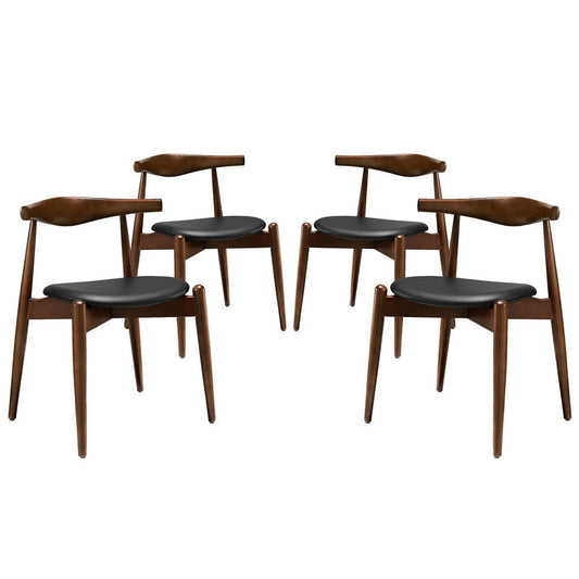 Modway Stalwart Mid-Century Modern Faux Leather Upholstered Four Dining Chairs in Dark Walnut Black