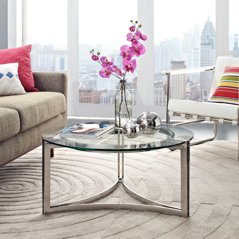 Modway Signet Modern Tempered Glass Stainless Steel Round Coffee Table In Silver MDY-EEI-1438-SLV