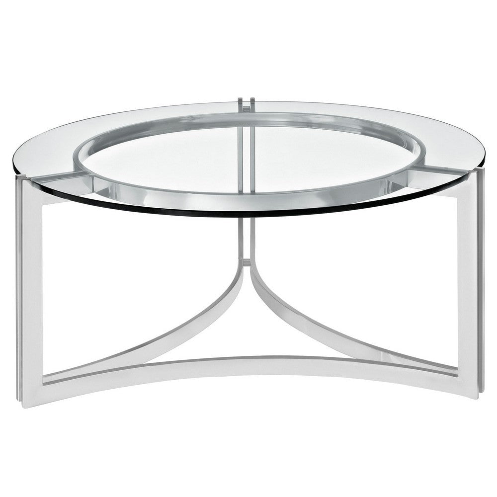 Modway Signet Modern Tempered Glass Stainless Steel Round Coffee Table In Silver