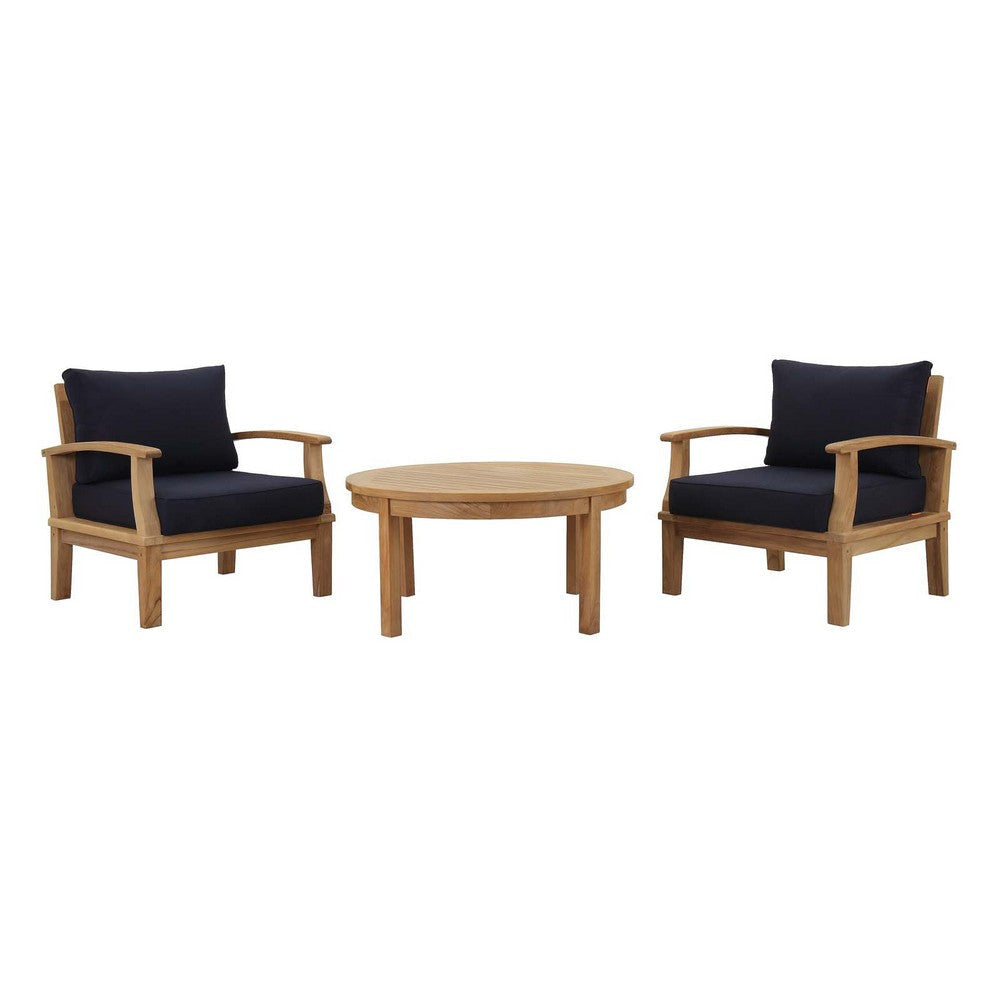 Modway Marina Premium Grade A Teak Wood 3-Piece Outdoor Patio Furniture Set in Natural Navy