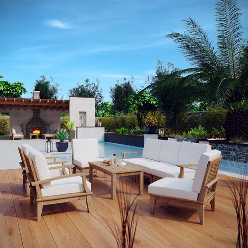 Modway Marina Premium Grade A Teak Wood 8-Piece Outdoor Patio Furniture Set in Natural White