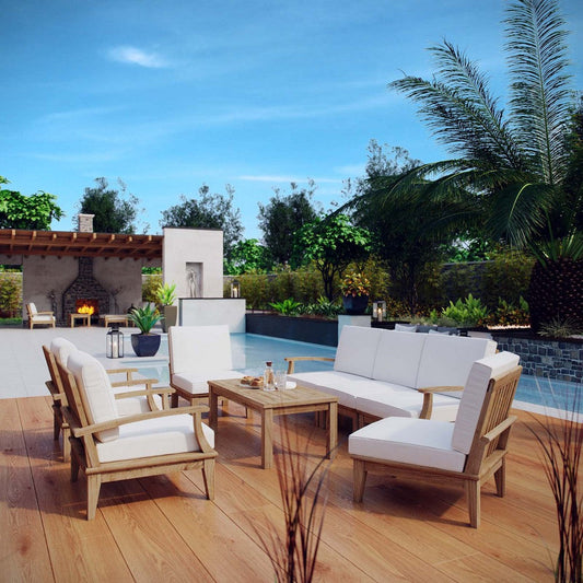 Modway Marina Premium Grade A Teak Wood 8-Piece Outdoor Patio Furniture Set in Natural White