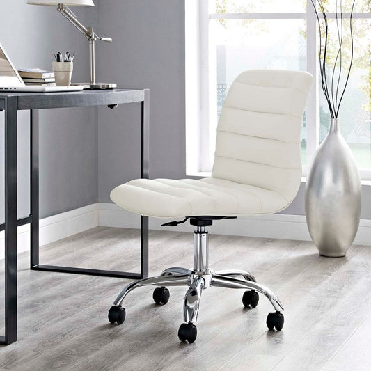 34 Inch Modern Office Chair, Chrome Star Base, Channel Tufting, White - No Shipping Charges