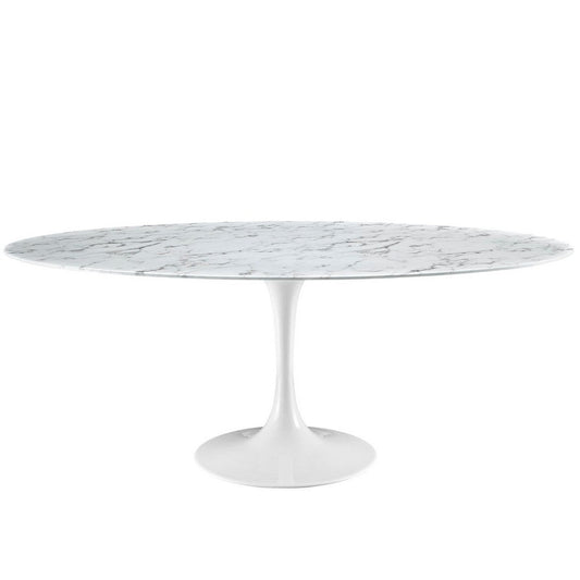 Modway Lippa 78" Oval-Shaped Mid-Century Modern Dining Table with Artificial Marble Top and White Base