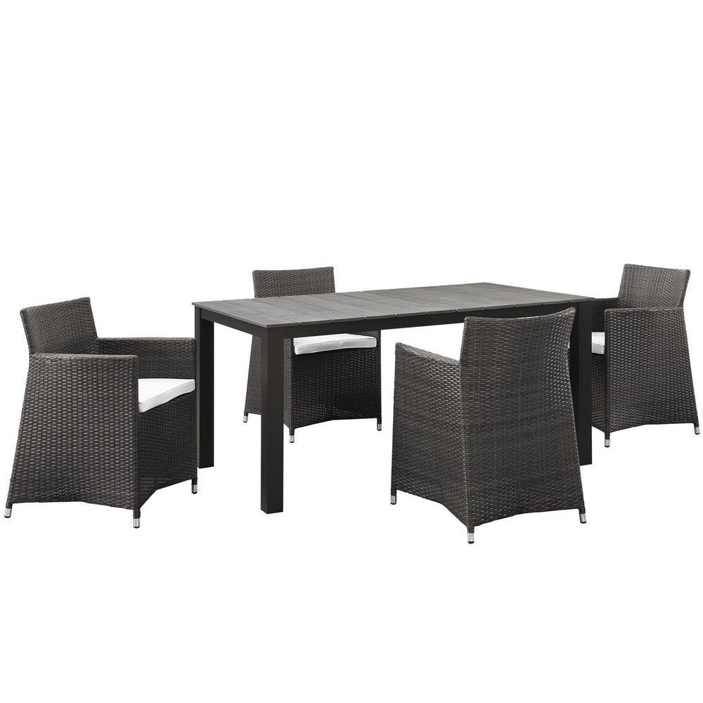 Modway Junction Wicker Rattan 5-Piece Outdoor Patio Dining Set with 63" Dining Table and Four Dining Armchairs with Cushions in Brown White