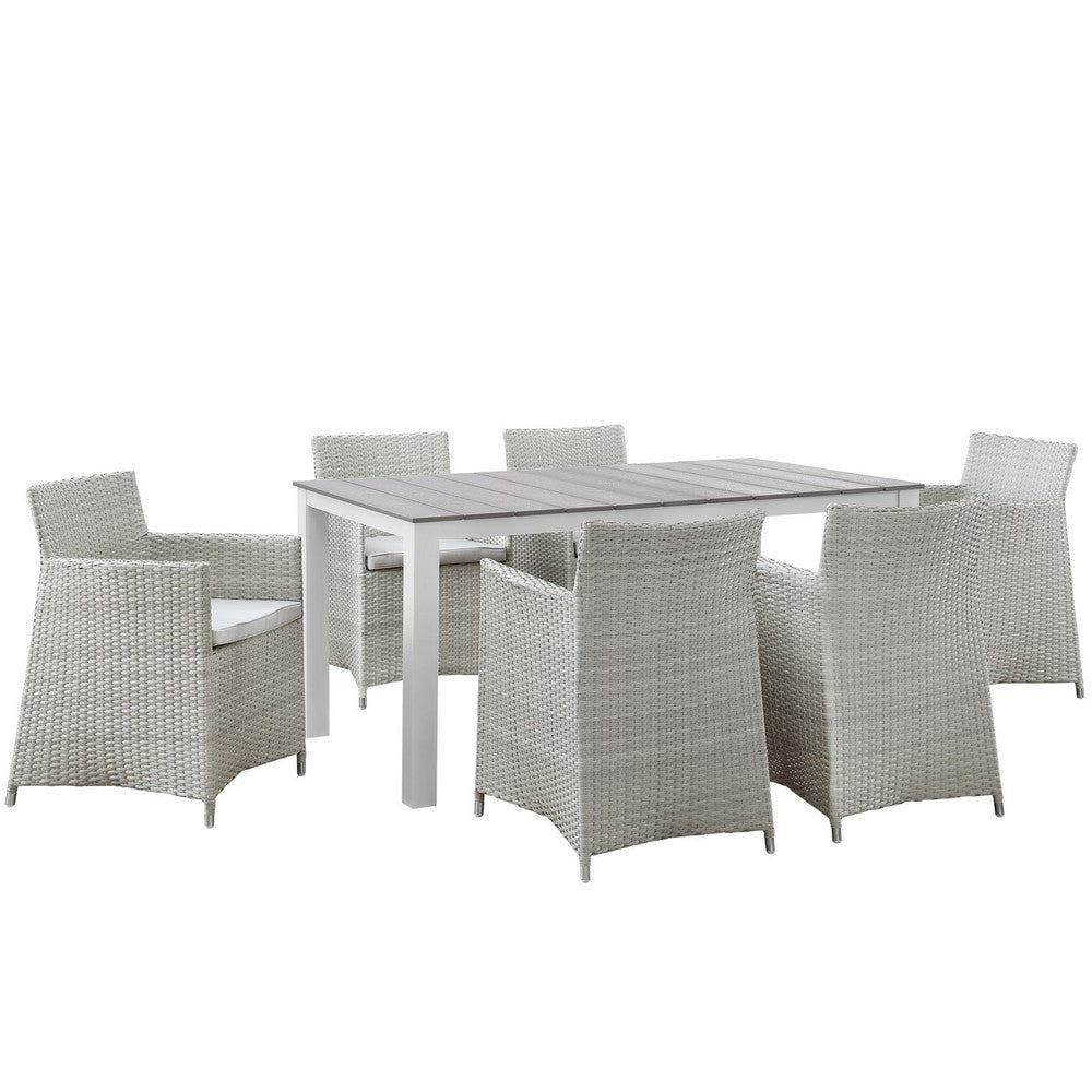 Modway Junction Wicker Rattan 7-Piece Outdoor Patio Dining Set with 63" Dining Table and Six Dining Armchairs with Cushions in Gray White