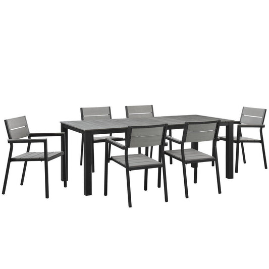 lm Modway Maine 7-Piece Aluminum Dining Table and Chair Outdoor Patio Set in Brown Gray