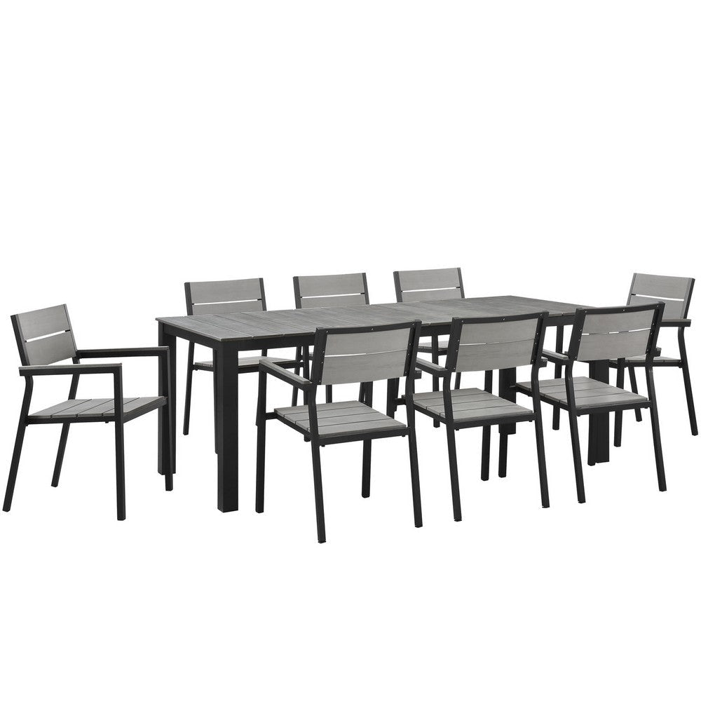 Modway Maine Aluminum 9-Piece Outdoor Patio Dining Set with 80" Dining Table and Eight Dining Armchairs in Brown Gray