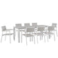 lm Modway Maine Aluminum 9-Piece Outdoor Patio Dining Set with 80 inch Dining Table and Eight Dining Armchairs in White Light Gray