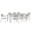 lm Modway Maine Aluminum 9-Piece Outdoor Patio Dining Set with 80 inch Dining Table and Eight Dining Armchairs in White Light Gray