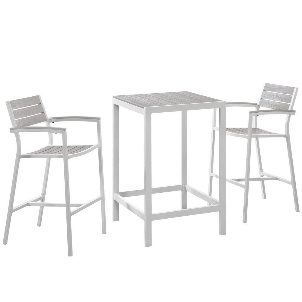 Modway Maine Aluminum 3-Piece Outdoor Patio Dining Bistro Pub Set with 28" Bar Table and Two Bar Stools in White Light Gray