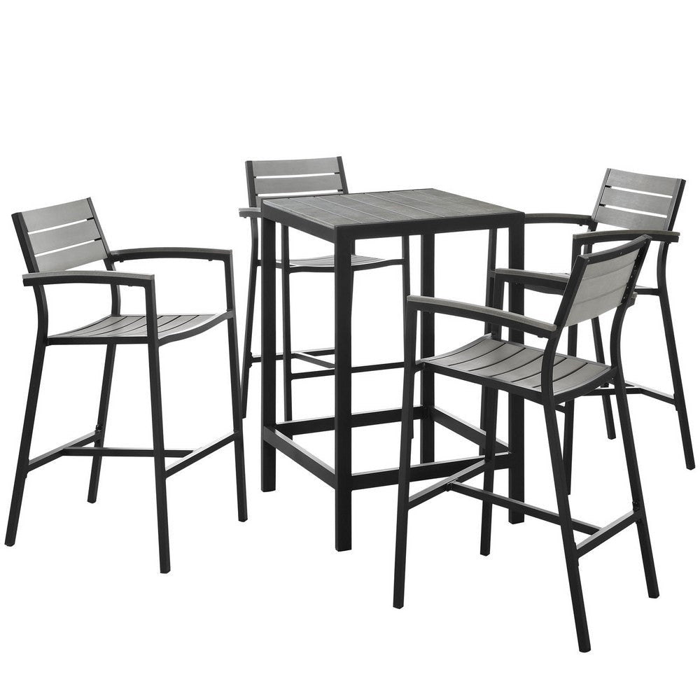 Modway Maine Aluminum 5-Piece Outdoor Patio Pub Bistro Set with 28" Bar Table and Four Bar Stools in Brown Gray