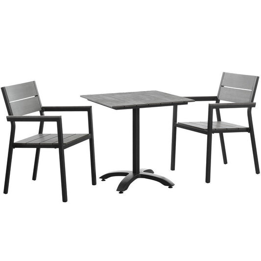 Modway Maine Aluminum 3-Piece Dining Set Outdoor Patio with 28" Dining Table and Two Dining Armchairs in Brown Gray